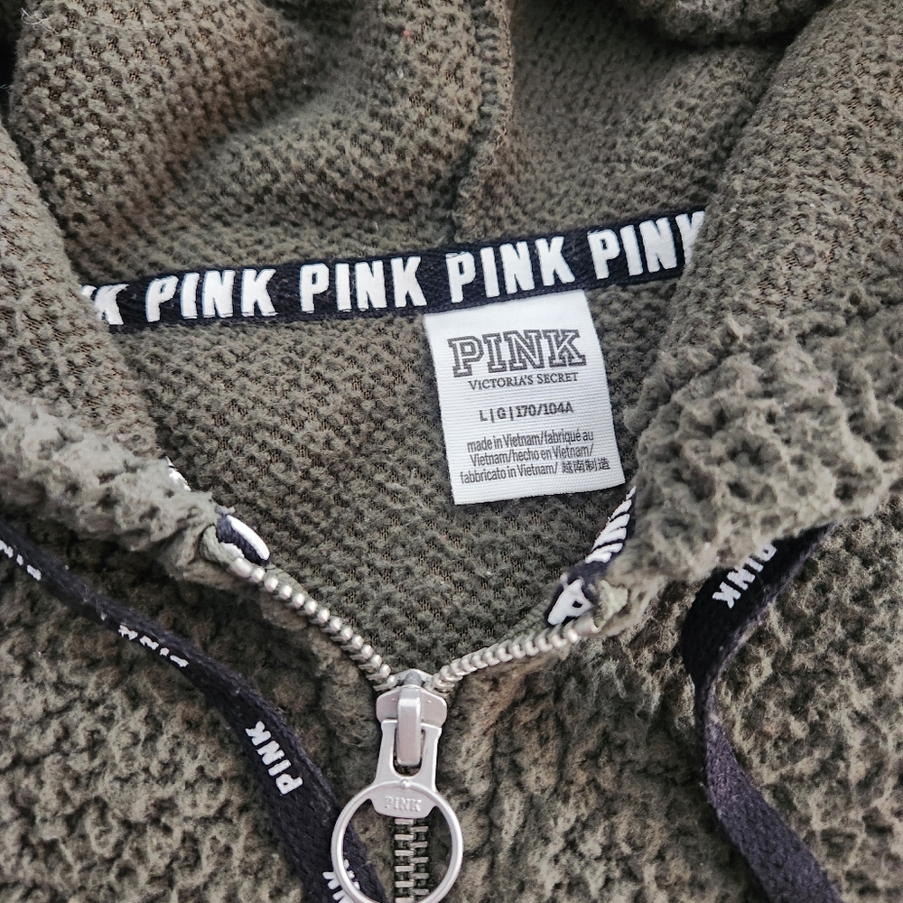 Victoria's Secret PINK Olive Green Sherpa Varsity Fleece Half-Zip - LG - Picture 6 of 7
